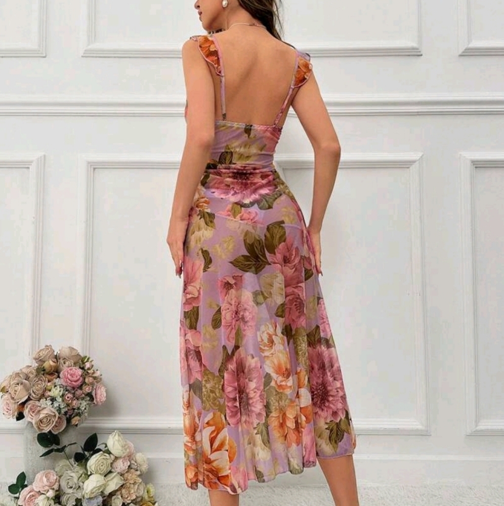 Floral Print Tie Front Ruffle Trim Mesh Pajama Nightdress Long Dress - Picture 2 of 6